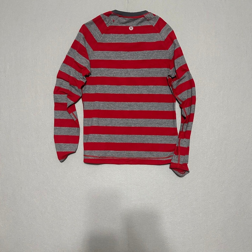 Lululemon Mens Striped Long Sleeve Shirt Red Grey Raglan Crew Neck Activewear - Picture 2 of 5